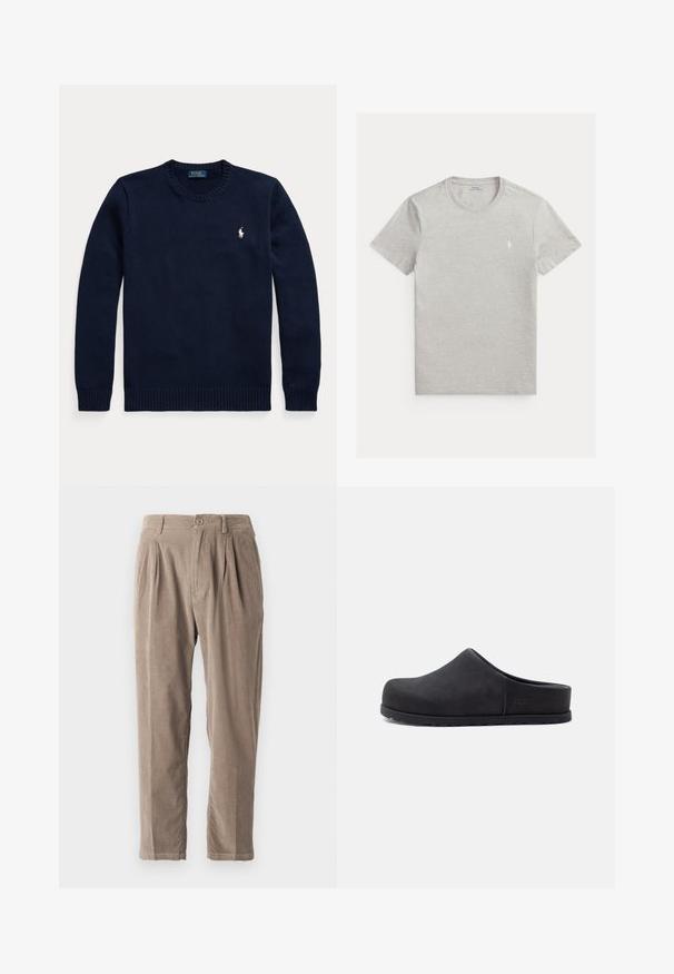 Navyblå rundhalset sweater med lange ærmer og et lille hvidt Polo Ralph Lauren-logo på venstre bryst.; Lysegrå T-shirt med korte ærmer og rund hals, med lille hvid Polo Ralph Lauren hestelogo på venstre bryst.; Beige corduroy bukser med en afslappet pasform, der har plisseringer, knaplukning og sidelommer, tekstureret overflade og tapered bendesign.; Sort slip-on træsko med lukket tå og åben bag, med flad sål og diskret brandlogo på siden.
