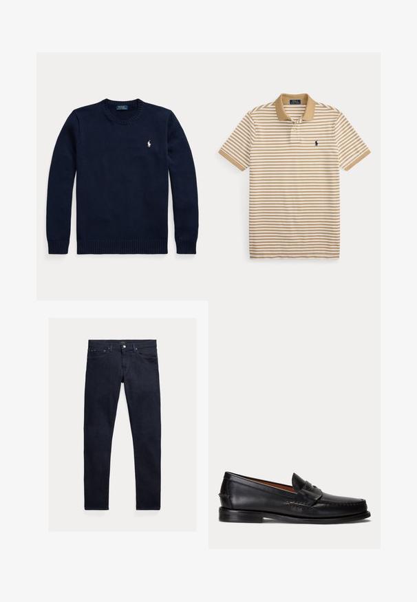 Tmavomodrý sveter s okrúhlym výstrihom a dlhými rukávmi s malým bielym logom Polo Ralph Lauren na ľavej strane hrude.; Pánske polo tričko s krátkym rukávom so sivobielymi horizontálnymi pruhmi, svetlohnedým golierom a malým tmavomodrým logom na ľavej strane hrudníka.; Tmavomodré džínsy z denimu s úzkym strihom. Majú päť vreciek, zips a kovové zapínanie na gombík. Hladká textúra s minimálnym vyblednutím.; Čierny kožený mokasín s nízkym podpätkom a detailom s penny remienkom, zobrazený z boku na svetlosivom pozadí.