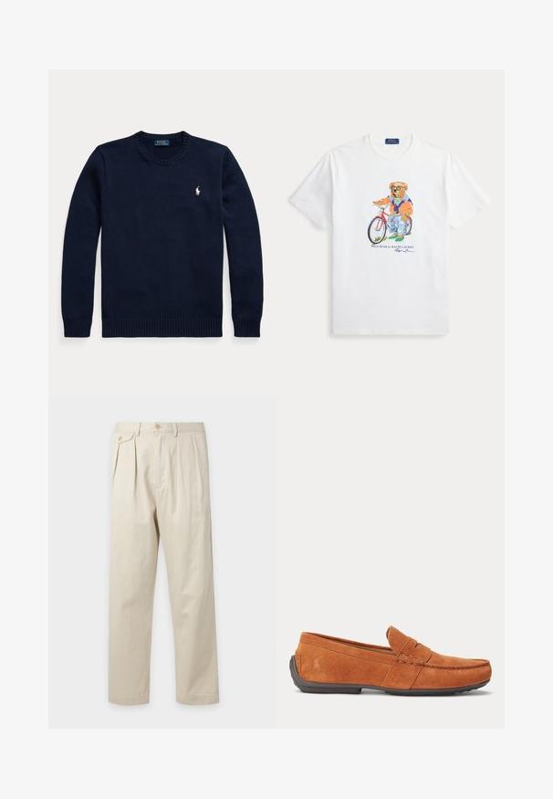 Donkerblauwe trui met ronde hals, lange mouwen en een klein wit Polo Ralph Lauren-logo op de linkerborst.; Wit T-shirt met een beer die een zonnebril, spijkerbroek en jas draagt, staand naast een rode fiets met de tekst Polo Bear by Ralph Lauren.; Beige hoge taille broek met plooien, knoopsluiting, ceintuurlussen en een zijzak met knoopklep.; Bruine suède herensloffen met stikseldetails, een gleuf voor munten op het bovenwerk en een donkere rubberen zool.