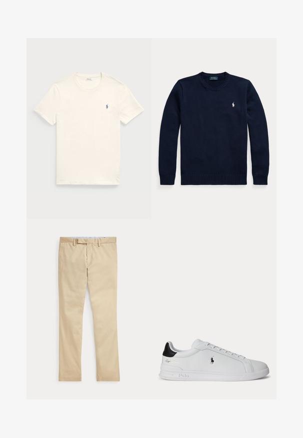 Donkerblauwe trui met ronde hals, lange mouwen en een klein wit Polo Ralph Lauren-logo op de linkerborst.; Crème-kleurig katoenen t-shirt met een ronde hals en korte mouwen. Heeft een klein blauw geborduurd logo op de linkerborst.; Beige broek met rechte pijpen, ceintuurlussen en een voorrits, plat gelegd tegen een witte achtergrond.; Witte lage sneaker met zwarte hieltab, veters en Polo Ralph Lauren-logo aan de zijkant, met gegraveerde zooldetails.