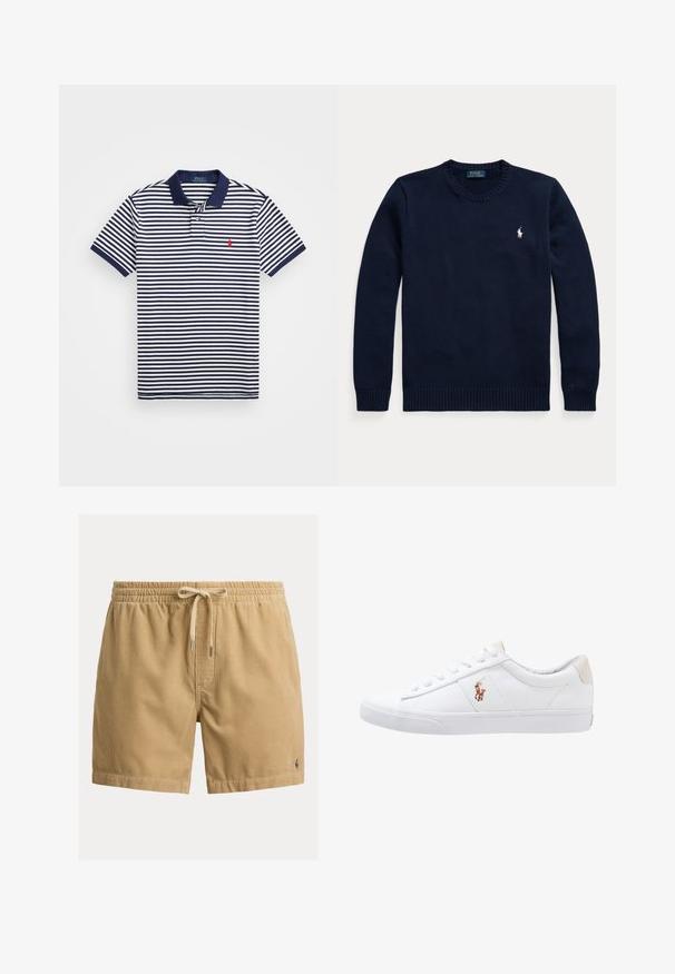 Donkerblauwe trui met ronde hals, lange mouwen en een klein wit Polo Ralph Lauren-logo op de linkerborst.; Marineblauwe en witte gestreepte polo met een effen marineblauwe kraag. Bevat een klein rood logo op de borst en korte mouwen met gestreepte manchetten.; Beige ribfluwelen shorts met elastische tailleband, trekkoord, voornaad en klein geborduurd logo op de linker zoom.; Witte canvas sneakers met een laag ontwerp, featuring een beige hieltab en een klein geborduurd logo aan de zijkant. Rubber zool.