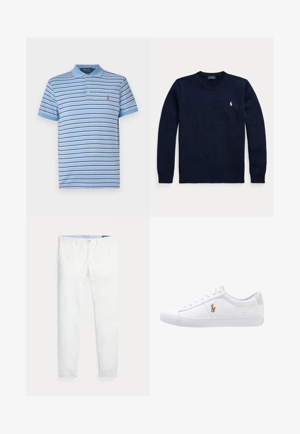 Tumesinine ümar kaelusega kampsun pikkade varrukatega ja väike valge Polo Ralph Laureni logo vasakul rinnal.; Hele heleda sinine puuvillane polo särk, millel on horisontaalsed triibud tumesinises ja valges, kahe nööbi auk ning tikitud logo rinnal.; Valged puuvillast chinos-püksid kitsas lõikega, millel on üks kuldne nööp kinnituseks ja hele sinine sisemine vöökoht. Sile tekstuur ilma mustriteta.; Valge kanvasest tennis, madala lõikega disain, millel on beež kontsapink ja väike tikitud logo küljel. Kummi välissole.