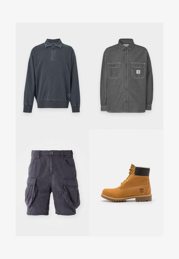 Dunkelgrauer Pullover mit langen Ärmeln, halbem Reißverschluss am Kragen und gerippten Bündchen und Saum, mit einem kleinen Logo-Patch nahe dem unteren Saum.; Dunkelgraue Hemdjacke aus Denim, mit zwei Brusttaschen, Knopfleiste und kontrastierenden weißen Nähten. Carhartt-Logo auf der Tasche.; Cargo-Shorts aus dunkelgrauer Baumwolle, mit klassischer Passform, mehreren Seitentaschen und einem vorderen Knopfverschluss. Glatte Textur.; Braune Leder-Ankle-Boots mit Metallösen, weißem Kunstfellfutter, schwarzem gepolstertem Kragen, robustem Sohlenprofil und geprägtem Logo an der Seite.