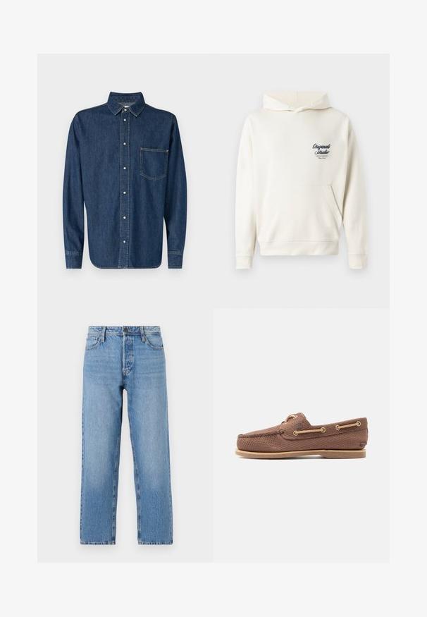 Sweat à capuche couleur crème en tissu doux, avec une poche avant, des poignets côtelés et un petit logo brodé sur la poitrine.; Chemise en denim bleu foncé avec des manches longues, devant à boutons et une poche poitrine unique. Présente un col classique et un ourlet droit.; Jeans en denim bleu clair avec une coupe droite, dotés d'une fermeture à bouton et à glissière, d'un style cinq poches et d'un léger effet délavé.; Chaussure bateau en cuir marron texturé avec des lacets beige passés à travers des œillets en métal et une semelle en caoutchouc plate.