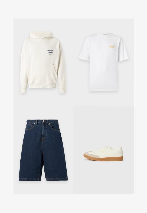 Crème-kleurige hoodie gemaakt van zachte stof, met een voorzak, ribgebreide manchetten en een klein geborduurd logo op de borst.; Wit T-shirt met korte mouwen, ronde hals en kleine gele tekst "Paradise Palmers" op de linkerborst.; Donkerblauwe denim shorts met een losse pasvorm, voorzien van twee voorzakken en een achterzak, afgewerkt met oranje stikselaccenten.; Schoen gemaakt van wit leer met een beige teenkap en een lichtbruine rubberen zool. Voorzien van platte witte veters en reliëfbranding aan de zijkant.