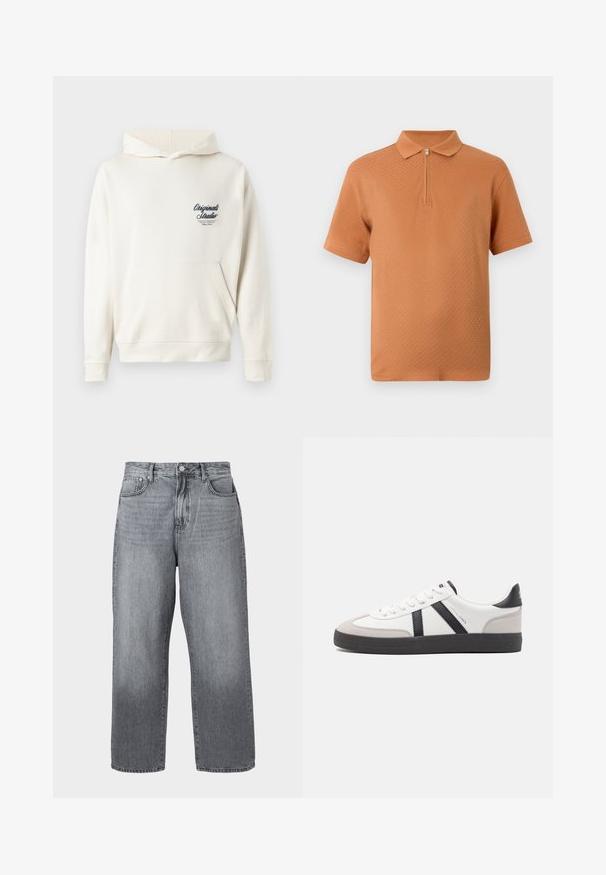 Kræmfarvet hoodie lavet af blødt stof, med en lomme foran, ribbede manchetter og et lille broderet logo på brystet.; Herre kortærmet tekstureret orange polo shirt med lynlås ved halsen og klassisk krave på hvid baggrund.; Grå denim bred-benede jeans med høj talje, fem-lomme design og metal lukning. Stof viser let falmning nær kanten.; Hvide sneakers med sorte og grå detaljer, med en tekstureret grå tåhætte, sort gummisål og flade hvide snørebånd. Rent design, minimalistisk stil.