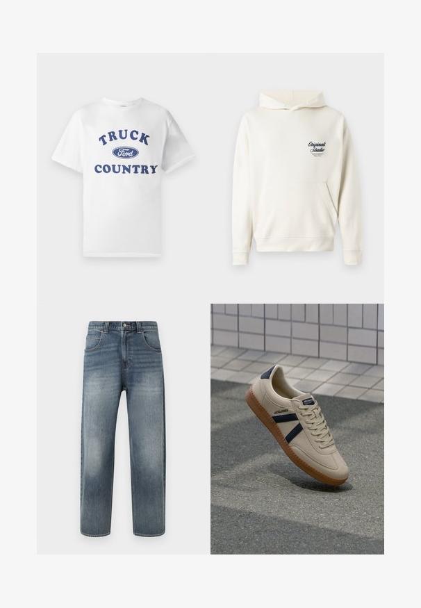 Helle Hoodie aus weichem Stoff, mit einer vorderen Kängurutasche, gerippten Bündchen und einem kleinen gestickten Logo auf der Brust.; Weißes Baumwoll-T-Shirt mit blau bedrucktem Text "TRUCK COUNTRY" und einem blauen ovalen "Ford"-Logo in der Mitte. Kurze Ärmel und Rundhalsausschnitt.; Hellblaue Jeans aus Denim mit geradem Schnitt, ausgestattet mit fünf Taschen, einem Reißverschluss und dezenten Verwaschungen an den Beinen. Mit Ziernähten veredelt.; Beige Sneaker mit strukturierter Oberfläche, dunkelblauen Streifen und Gummisohle. Verfügt über eine gepolsterte Zunge und ein traditionelles Schnürsystem für einen sicheren Sitz.