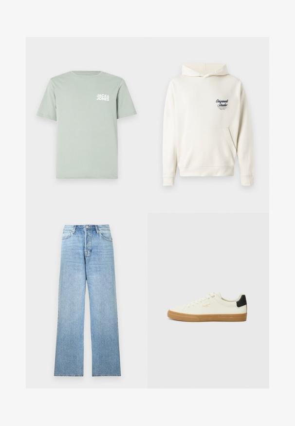 Crème-kleurige hoodie gemaakt van zachte stof, met een voorzak, ribgebreide manchetten en een klein geborduurd logo op de borst.; Lichtgroene katoenen T-shirt met een ronde halslijn en korte mouwen. Voorzien van een wit logo "JACK & JONES" dat op de linkerborst is gedrukt.; Lichtblauwe spijkerbroek met een rechte pijp, topknoopsluiting, vijf zakken en rafelige zoom.; Witte canvas sneaker met een gum rubberen zool, zwart accent op de hiel, ronde neus en vetersluiting. Bevat het merlogo in goud aan de zijkant.