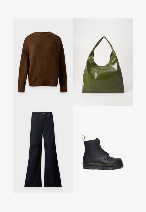 Mørkebrun, langærmet striktrøje med ribbet rund hals, manchetter og kant på ensfarvet hvid baggrund.; Mørke indigoblå høj-taljede denimjeans med vidde ben, frontknap, lynlåslukning og to forlommer med kobbernitter.; Sort læder ankelstøvle med elastiske sidepaneler, rund tå, kontrasterende gul syning og en kraftig gummisål.; Grøn læder hobo taske med en slouchy design, buet håndtag og glat tekstur. Indeholder ingen synlig hardware eller accenter.