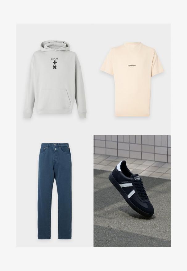 Sudadera gris claro con un bolsillo frontal, que presenta el texto en negro "REPLAY" y símbolos gráficos. Tejido suave, corte relajado, puños de canalé.; Camiseta de manga corta de color crema hecha de algodón con cuello redondo. Presenta un pequeño estampado de logo negro en el pecho.; Jeans azules de corte recto, con una cintura alta, dos bolsillos frontales y cierre de botón. La tela parece suave y sin adornos.; Zapatilla de cuero negra con rayas blancas, suela de goma texturizada y parte frontal con cordones. Cuenta con una etiqueta de marca en la lengüeta.