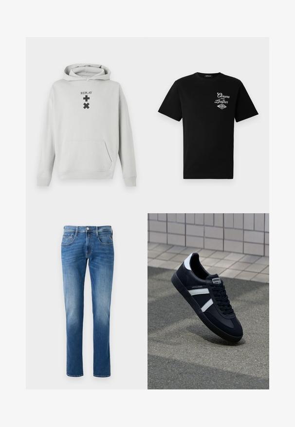 Hellgrauer Hoodie mit einer Fronttasche, versehen mit schwarzem "REPLAY"-Text und grafischen Symbolen. Weicher Stoff, lockere Passform, gerippte Bündchen.; Schwarzes Baumwoll-T-Shirt mit kurzen Ärmeln, das auf der linken Brust ein weißes "Chrome and Leather"-Grafikdesign und den Markennamen "REPLAY" zeigt.; Herren Jeans aus blauem Denim mit einem verwaschenen Finish, gerader Beinschnitt, fünf Taschen und einem Knopfverschluss vorne. Genähte Akzente an den Taschen.; Schwarze Leder-Sneaker mit weißen Streifen, strukturiertem Gummisohle und Schnürung. Verfügt über ein Markenetikett auf der Zunge.