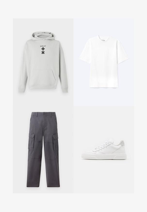 Sudadera gris claro con un bolsillo frontal, que presenta el texto en negro "REPLAY" y símbolos gráficos. Tejido suave, corte relajado, puños de canalé.; Camiseta lisa blanca de manga corta y cuello redondo con un corte relajado, mostrada sobre un fondo claro.; Hollister Co. SKATER BAGGY - Pantalones cargo - grey; Zapatillas de cuero blanca con un acabado suave, punta redondeada, cordones planos y una suela texturada. Acento de ante gris en el talón.