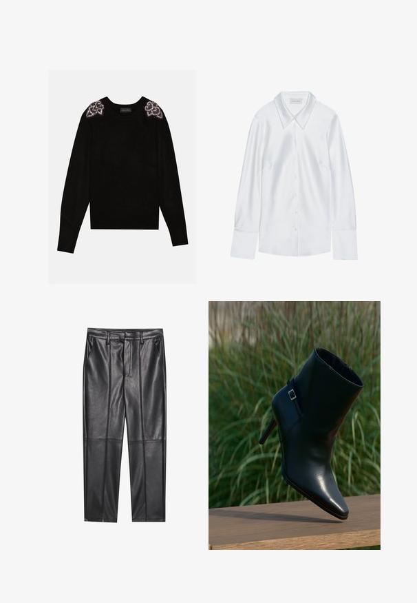 Anna Field by Zalando Pullover - black; Chemise blanche à manches longues avec un col classique, dotée d'une fermeture à boutons sur le devant et d'une texture lisse, fabriquée en tissu léger avec un éclat subtil.; Pantalons en cuir noir avec une texture lisse, présentant une coupe droite, deux poches avant et des coutures visibles.; Bottine en cuir noir avec pointe effilée, talon empilé, texture scintillante et une bride décorative avec une boucle argentée.