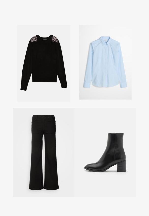 Anna Field Trui - black; Lichtblauw overhemd met lange mouwen, klassieke kraag en een subtiel geborduurd logo op de borst. Soepele, frisse stoftextuur.; Zwarte wijde denim broek met voorzakken, een knoopsluiting en een gladde textuur met een nette afwerking.; Zwarte leren enkelboot met een ronde neus, een blokhak van gemiddelde hoogte en een gladde afwerking. Voorzien van een discrete zijrits.