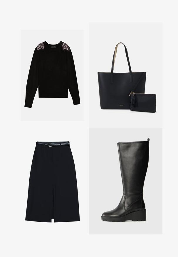 Anna Field Jersey de punto - black; Falda negra hasta la rodilla con una abertura en la parte delantera, hecha de tejido suave. Presenta un delgado cinturón negro con una hebilla plateada y pasadores para el cinturón.; Botín negro de cuero hasta la rodilla con suela de cuña, textura suave, diseño sin costuras y una pequeña pestaña en la parte superior para facilitar su uso.; Bolsa tote negra con material texturizado, dos asas largas y un bolso con cremallera removible que cuenta con un detalle de borlas. Logo de la marca en dorado visible.