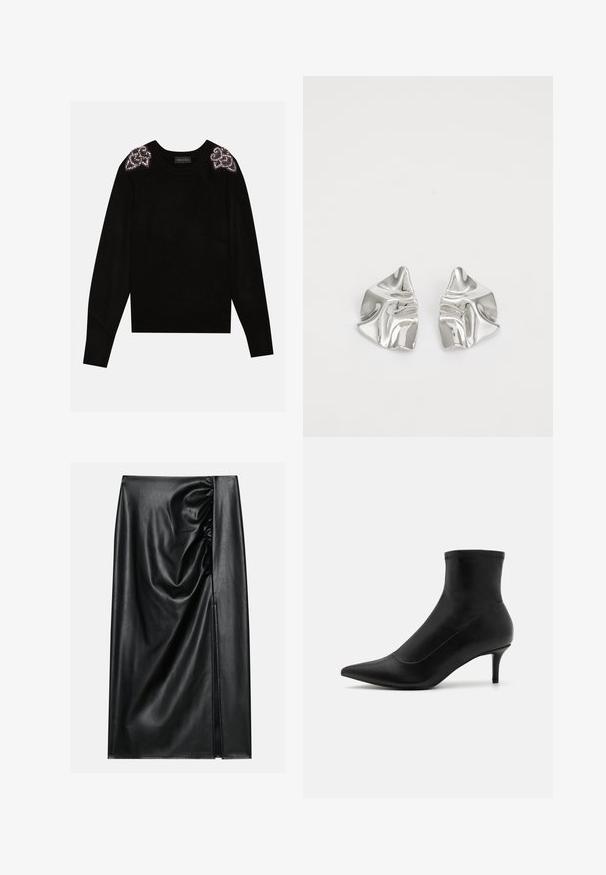 Anna Field by Zalando Striktrøje - black; Sort læderskirt med en glat overflade, der har en indsamlet sektion på den ene side og en skråning på siden for ekstra detaljer.; Sorte ankelstøvler i glat læder med spids tå og en kort, tynd hæl. Har et sømløst design og subtile stikninger.; Sølvmetal øreringe med et bølgende, skulpturelt design, der har en poleret overflade og uregelmæssige former, hvilket fremhæver en moderne æstetik.