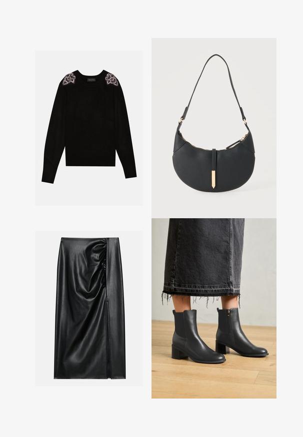 Anna Field by Zalando Strickpullover - black; Schwarzer Lederrock mit glatter Textur, der auf einer Seite einen gerafften Abschnitt und einen seitlichen Schlitz für zusätzlichen Detailreichtum aufweist.; Schwarze Leder-Ankle-Boots mit abgerundeter Spitze und Blockabsatz. Mit einem seitlichen Reißverschluss und glatter Textur. Getragen mit einem ausgefransten Denim-Rock.; Schwarze halbmondförmige Handtasche mit einem einzelnen Träger, goldenem Reißverschluss und einer goldenen rechteckigen dekorativen Lasche vorne.