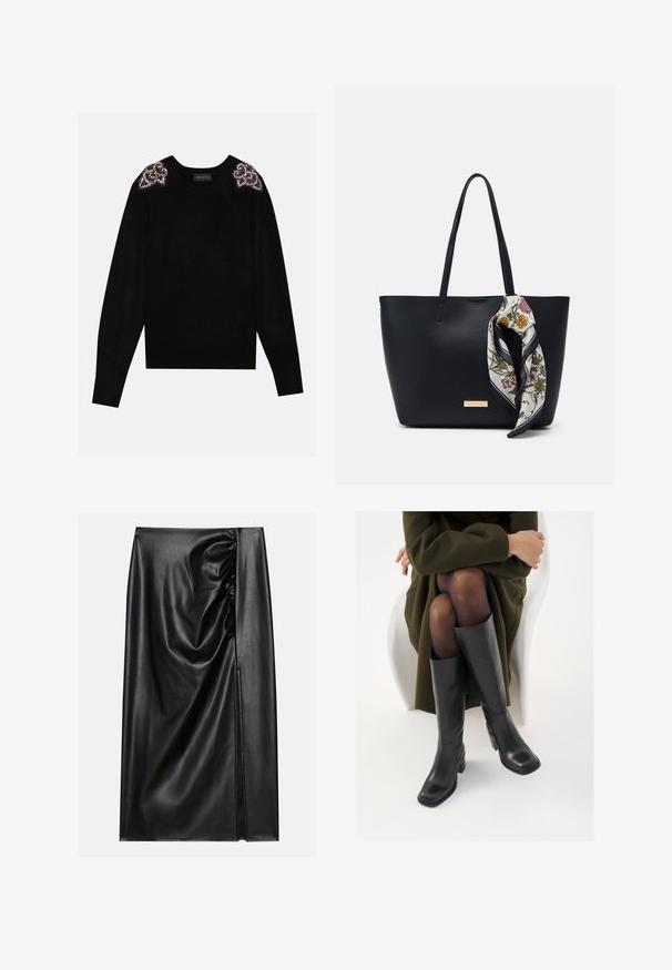 Anna Field Džemper - black; Must värviline nahkseelik sileda tekstuuriga, featuring ühel küljel kogutud osa ja külgauk, mis annab lisadetaile.; Knee-high mustad nahast saapad nelinurkse varbaga ja plokilise kontsaga, esitatud mudeli kõrval, kes istub oliivirohelises mantlis. Sujuv tekstuur, minimaalne detailide arv.; Mustast nahast käekott kahe õlapaelaga, millel on käepidemele seotud lilleline siidist sall ja metalline logo aktsent ees.