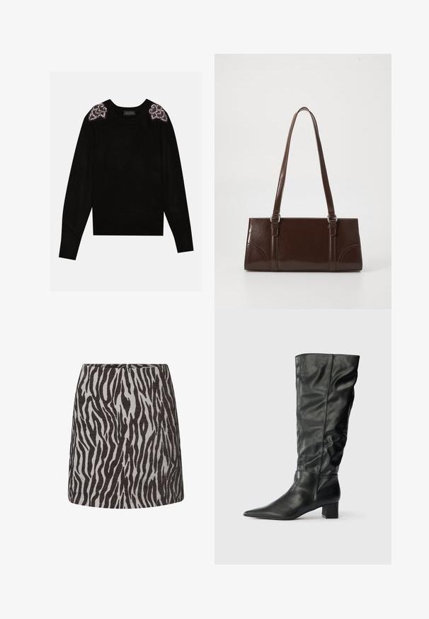 Anna Field by Zalando Trui - black; Mini-rok met zwart en grijs zebra-printpatroon, rechte snit en een verborgen rits aan de achterkant.; Zwarte leren kniehoge laarzen met een spitse neus, slappe schacht en een blokhak. Gladde textuur met minimale zichtbare stiksels.; Bruine lakleren handtas met een rechthoekige vorm, twee lange handvatten en subtiele gebogen accenten aan de voorkant.