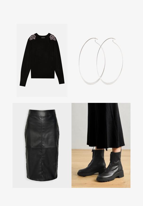 Anna Field Jersey de punto - black; Falda de cuero negra con una textura suave, que presenta una cinturilla alta y costuras cosidas que crean una forma estructurada y discreta.; Botas de tobillo de cuero negro con suela de plataforma gruesa y cremallera delantera. Textura suave con un diseño minimalista.; Pendientes de aro plateados con un diseño delgado y suave; forma ovalada alargada; acabado pulido; presentan un cierre de gancho seguro.