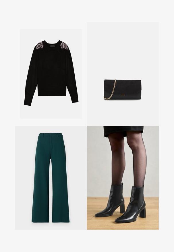 Anna Field by Zalando Pullover - black; Pantalons à jambes larges en tissu vert foncé. Présentent une taille haute, des plis avant et des passants de ceinture. Texture lisse et design ajusté.; Bottines en cuir noir avec un bout pointu, un talon carré épais et un design élégant. Présente des panneaux latéraux élastiques pour un enfilage facile.; Porte-monnaie noir en daim avec une finition texturée, doté d'une chaîne dorée et d'un design épuré et angulaire.