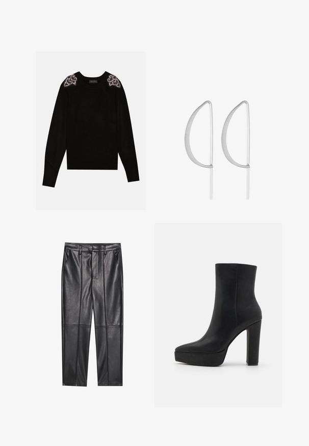 Anna Field Strickpullover - black; Schwarze Lederhosen mit glatter Textur, gerader Passform, zwei Fronttaschen und sichtbaren Nahtdetails.; Schwarzer Knöchelstiefel aus strukturiertem Leder, mit spitzer Zehenpartie, einer massiven Plateau-Sohle und einem hohen Blockabsatz. Glatte Oberfläche, minimalistische Details.; Silberne Ohrringe aus Metall mit einem minimalistischen geschwungenen Design, das verlängerte, offene Tropfenformen mit einer matten Oberfläche aufweist.