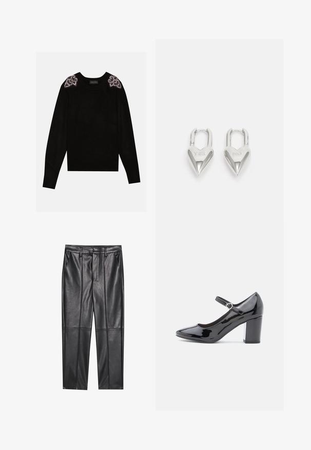 Anna Field Pullover - black; Pantalons en cuir noir avec une texture lisse, présentant une coupe droite, deux poches avant et des coutures visibles.; Chaussure à talon haut en cuir verni noir avec un bout rond, une bride de cheville et un talon carré. Fini brillant avec une texture lisse.; Cadenas en forme de cœur en argent avec les inscriptions gravées "OUI" et "NON", finition polie, design symétrique et un robuste fermoir en métal.