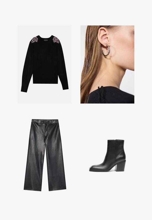 Anna Field by Zalando Svetrík - black; Čierne kožené široké nohavice s hladkou textúrou, pútka na opasok a predným zipsom. Majú voľný strih a čisté švy.; Čierna kožená členková čižma so štvorcovou špičkou a masívnym blokovým podpätkom. Hladká textúra a minimalistický dizajn. Bočný zips pre jednoduché obúvanie.; Strieborná kruhová náušnica s lesklým povrchom, obsahujúca malé zlaté akcenty a okrúhly tvar, nosená na lalôčiku ucha.