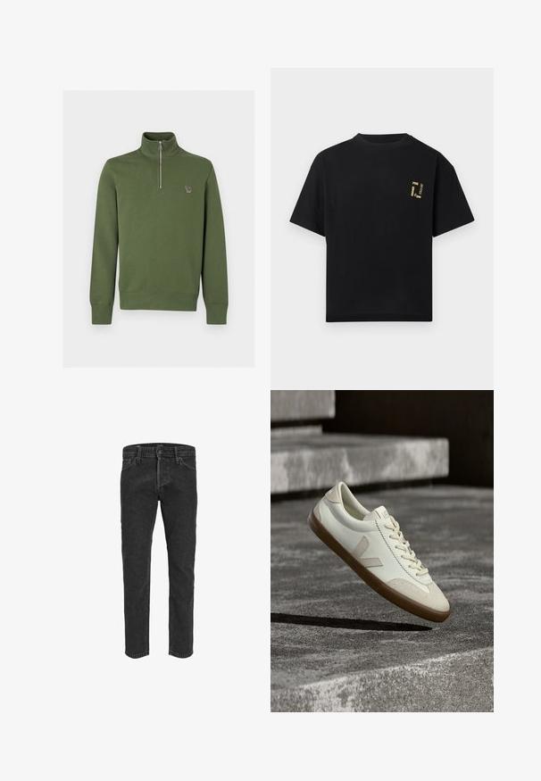 Olivenfarvet quarter-zip pullover med høj krave, lange ærmer og et lille broderet flerfarvet zebra-logo på venstre bryst.; Sort kortærmet t-shirt med små gule bogstaver, der lyder "PINE," "HOTZEL," "SHORE," og "© 1990" på øverste venstre brystområde.; Sorte denimbukser med lige ben, fem lommer og bæltestropper, der har en let falmet tekstur og kontraststing. ; Hvide læder sneakers med tanfarvet gummisål, flade snørebånd og V-formet detalje på siden. Har en glat overflade og minimale syninger.