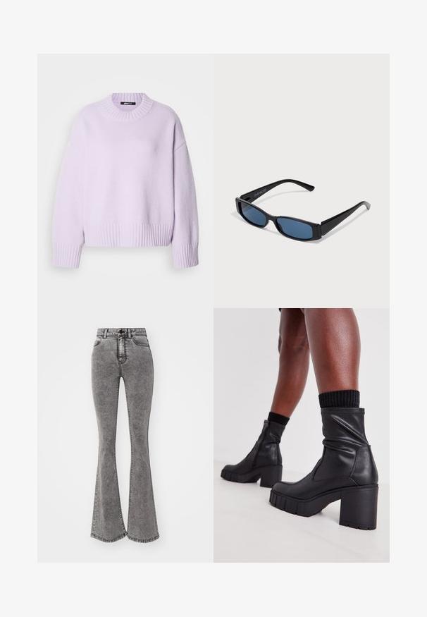 Pull lilas en tissu doux, avec un col rond côtelé ainsi que des poignets et un ourlet côtelés. Coupe confortable et décontractée avec des épaules tombantes.; Jean évasé taille haute en denim gris délavé avec des détails usés, doté d'une fermeture à bouton et d'un design à cinq poches.; Bottes noires en cuir au niveau des chevilles avec un design plissé, un talon haut épais et une semelle en caoutchouc texturée. Comprend une fermeture éclair sur le côté.; Lunettes de soleil noires avec une monture rectangulaire élégante et des verres bleus. Présente une texture lisse et des branches robustes. Logo de la marque sur le côté.