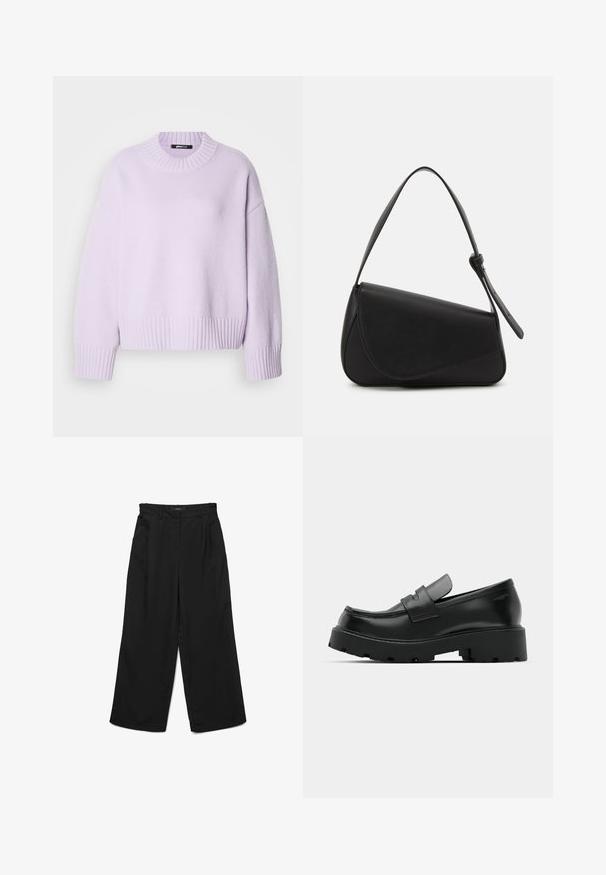 Lilla sweater lavet af blødt stof med ribstrikket rund halsudskæring samt ribstrikkede manchetter og kant. Komfortabel, afslappet pasform med faldende skuldre.; Sorte bukser med brede ben, flad front, to plisser og sidelommer. Fremstillet af glat stof med en struktureret linning.; Sorte læder loafers med en chunky tekstureret sål, der har en rem over vamps og en glat, poleret finish.; Sort læderhåndtaske med en triangular form, skrå klap og et rundt håndtag. Har en glat overflade og minimalistiske design detaljer.