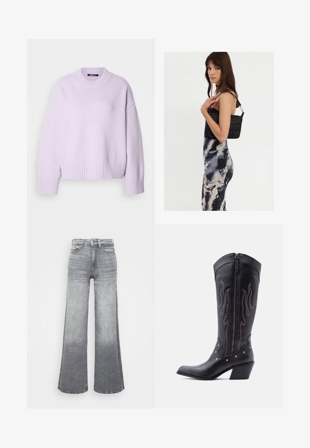 Lilla sweater lavet af blødt stof med ribstrikket rund halsudskæring samt ribstrikkede manchetter og kant. Komfortabel, afslappet pasform med faldende skuldre.; Grå denim brede ben jeans med en lys til mørk gradient, der har høj talje, fem lommer og en klassisk knaplukning.; Sorte cowboystøvler i læder med spids tå, synlige sømme, sølvfarvede nitte-detaljer og lynlås på den indvendige side.; Sort quiltet skuldertaske med en enkelt rem og sølvhardware, parret med en tætsiddende kjole med tie-dye mønster i nuancer af sort og creme.