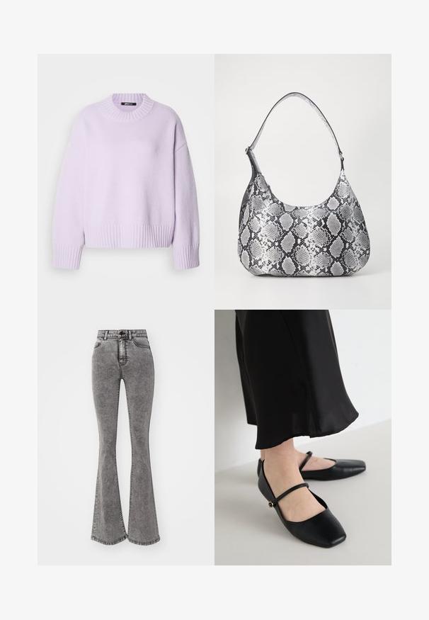 Lilla sweater lavet af blødt stof med ribstrikket rund halsudskæring samt ribstrikkede manchetter og kant. Komfortabel, afslappet pasform med faldende skuldre.; Højtaljede flared jeans i en falmet grå denim med slidte detaljer, med knaplukning og fem-lomme design.; Sorte flade sko med firkantet tådesign, lavet af glat læder, med et enkelt bånd over foden, med en lille dekorativ detalje.; Sort-hvid slangemønster skuldertaske med en rund form, glat tekstur og en buet rem. Har et sølvfarvet hardware-accents.