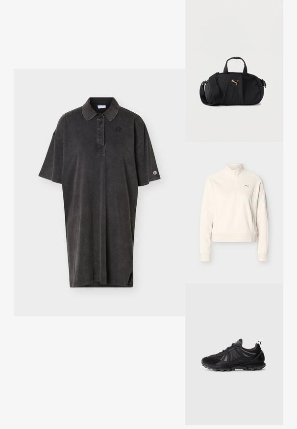 Off-white lange mouw pullover met hoge kraag, halve rits aan de voorkant, geribbelde manchetten en een klein Puma-logo op de linkerborst.; Zwart oversized poloshirt met korte mouwen, twee knopen bij de hals, klein logo op de borst en logopatch op de linker mouw.; Zwarte trailrunning-schoen met een robuuste zool, bovenwerk van mesh en synthetisch materiaal, vetersluiting en een trekband op een witte achtergrond.; Zwarte gestructureerde schoudertas met bovenhandvatten, brede verstelbare riem en klein gouden Puma-logo in het midden aan de voorkant.