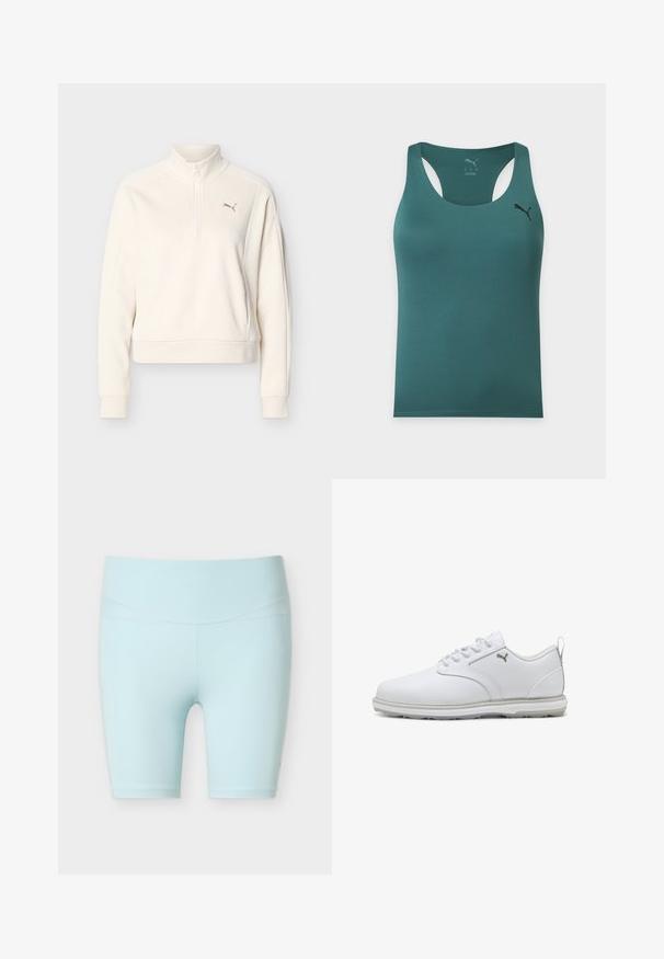Sudadera de manga larga color blanco hueso con cuello alto, cremallera frontal hasta la mitad, puños acanalados y pequeño logo de Puma en el lado izquierdo del pecho.; Camiseta deportiva sin mangas de color verde azulado con diseño racerback y pequeño logo negro de Puma en la parte superior izquierda del pecho.; Pantalones cortos deportivos azul claro, de talle alto y hasta la rodilla, con costuras planas diseñadas para ofrecer comodidad y flexibilidad.; Zapatillas deportivas blancas con parte superior de cuero sintético suave, acentos texturizados, cuello acolchado y suela de goma con buena tracción. Detalle del logotipo en plata.