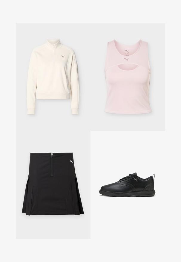 Sudadera de manga larga color blanco hueso con cuello alto, cremallera frontal hasta la mitad, puños acanalados y pequeño logo de Puma en el lado izquierdo del pecho.; Top deportivo corto sin mangas de color rosa claro con escote redondo, detalle recortado y logo de Puma en el centro delantero y en el interior del cuello.; Falda deportiva negra con cremallera frontal y pliegues laterales, con un logo blanco de Puma en la parte superior derecha.; Zapato de cuero negro con un acabado suave, panel lateral texturizado, diseño de cordones y cuello acolchado. Presenta un logo sutil y acentos con patrón.
