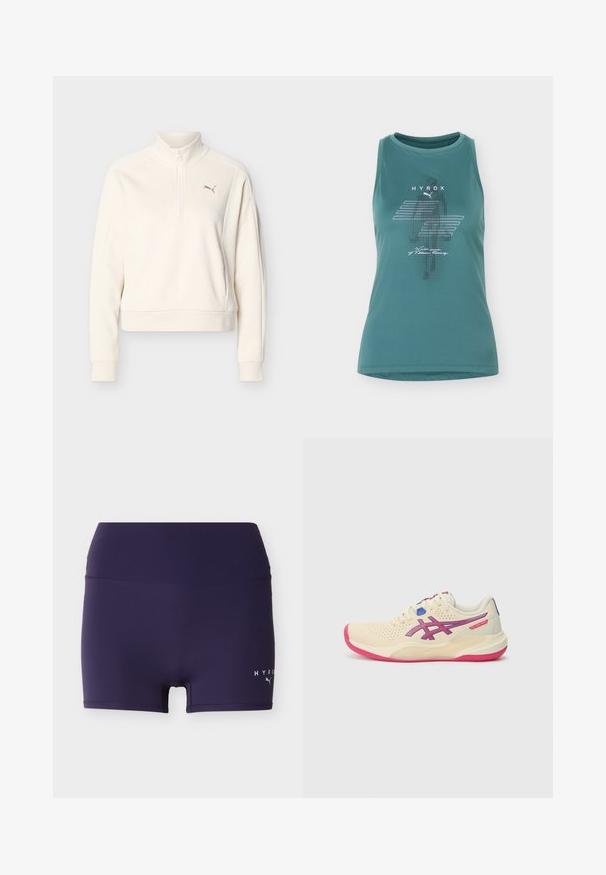 Off-white lange mouw pullover met hoge kraag, halve rits aan de voorkant, geribbelde manchetten en een klein Puma-logo op de linkerborst.; Turquoise mouwloos sportief tanktop met HYROX- en Puma-logo's en witte grafische lijnen aan de voorkant.; Marineblauwe, nauwsluitende sportshorts met een brede tailleband en een klein Puma Hyrox-logo op het lagere rechterbeen.; Crèmekleurige sportschoen met een roze zool, blauwe en paarse accenten, perforeerde bovenkant en een afgeronde neus.