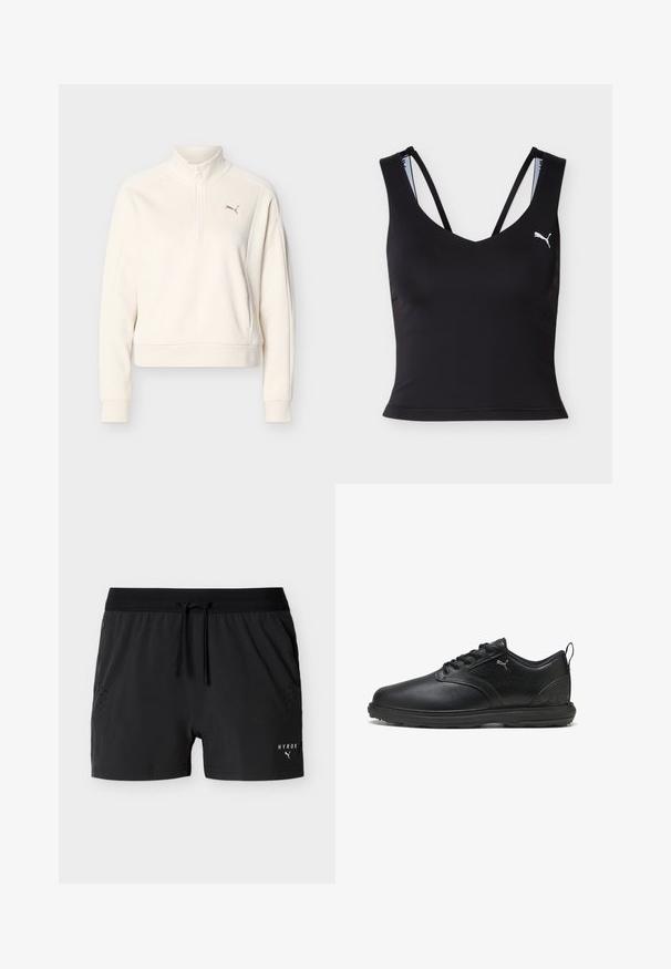 Sudadera de manga larga color blanco hueso con cuello alto, cremallera frontal hasta la mitad, puños acanalados y pequeño logo de Puma en el lado izquierdo del pecho.; Top deportivo negro corto con tirantes delgados dobles y logo blanco de Puma en el pecho izquierdo.; Pantalones cortos deportivos negros con cintura elástica y cordón, bolsillos laterales, detalles de ventilación perforados y logo blanco de HYROX Puma en la pierna derecha.; Zapato de cuero negro con un acabado suave, panel lateral texturizado, diseño de cordones y cuello acolchado. Presenta un logo sutil y acentos con patrón.