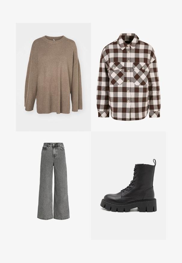 Brun oversized sweater med ribbet kant, brede ærmer og rund hals. Blød tekstur, minimalistisk design uden mønstre.; Brun og hvid plaid knap-op skjorte med to brystlommer, der har en klassisk krave og knap-ned foran. Blød stofstruktur.; Grå jeans i denimbred ben, høj talje med knapper foran, lynlås og fem-lomme-design.; Sort læder ankelstøvle med snørebånd foran, tyk platformsål og løkke til at trække i; glat tekstur og subtil branding på hælen.