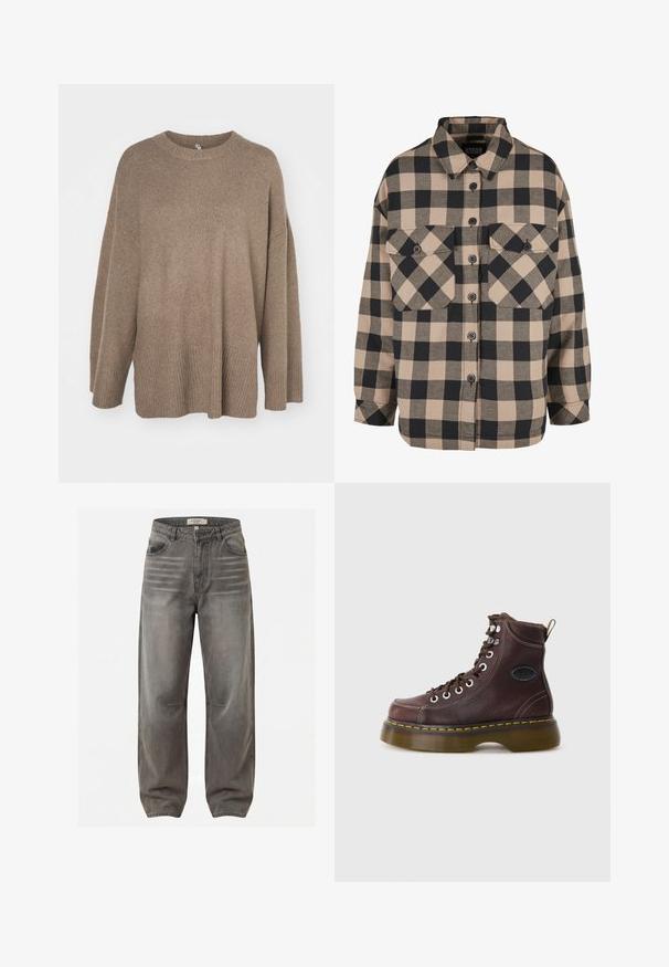 Brun oversized sweater med ribbet kant, brede ærmer og rund hals. Blød tekstur, minimalistisk design uden mønstre.; Rutet flannel skjorte i beige og mørkegrå. Har en knap-ned front, to brystlommer og en nedfoldet krave. Løs pasform.; Grå cowboybukser med høj talje, falmet detaljering, frontknap og lynlås, bæltestropper og lige, vide ben.; Brun læder ankelstøvle med tekstureret overflade, sølv øjer og gul syning. Har en kraftig gennemsigtig sål og en trækstrop.