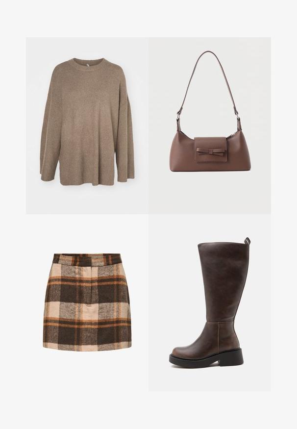 Pull marron oversized avec un ourlet côtelé, des manches larges et un col rond. Texture douce, design minimaliste sans motifs.; Jupe en mélange de laine présentant un motif à carreaux marron, beige et orange, une silhouette ajustée, et une texture lisse avec un léger éclat.; Botte haute en cuir marron avec un embout arrondi, une semelle noire épaisse et une languette à tirer en haut à l'arrière de la tige.; Sac à bandoulière en cuir marron avec une poche à rabat avant ornée d'un détail en forme de nœud cousu et une sangle réglable.