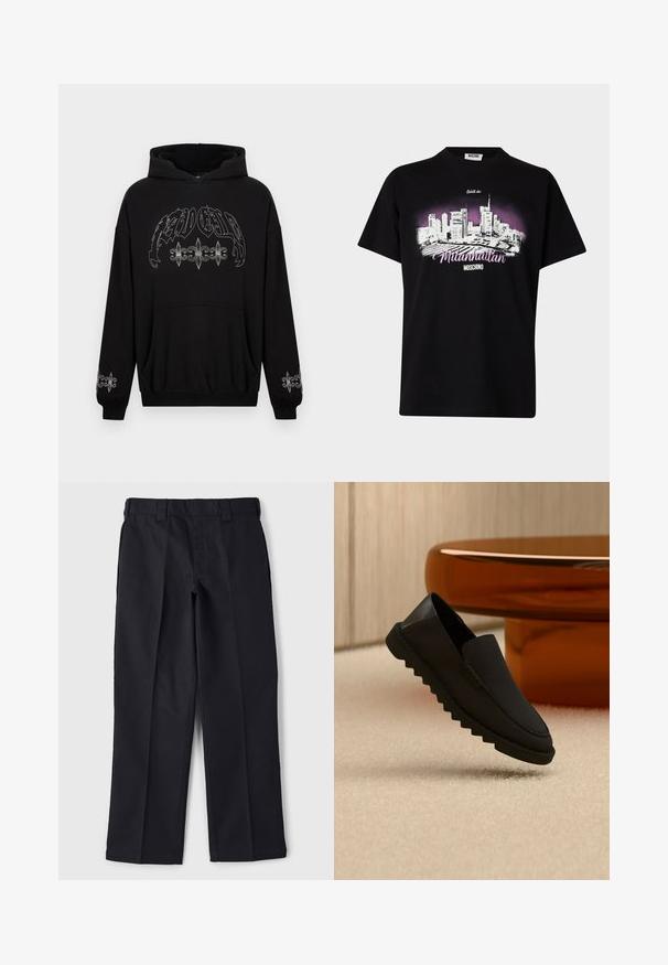 Sudadera con capucha negra con bolsillo delantero, con estampado gráfico metálico plateado y detalles decorativos de flor de lis en las mangas. Tejido suave.; Camiseta negra de Moschino con gráfico de skyline de ciudad en blanco y púrpura y texto que dice "Saluti da Milanhattan Moschino" en el frente.; Pantalones negros de tela duradera, con un diseño de corte recto, cinturilla con pasadores para cinturón y sin bolsillos ni adornos visibles.; Zapato negro sin cordones con suela gruesa estriada flotando sobre una alfombra beige frente a una mesa redonda de color ámbar.