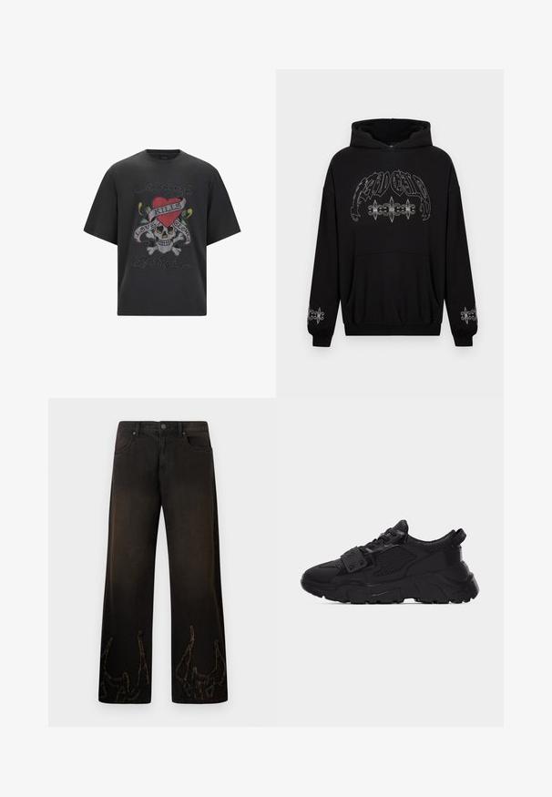Sort hættetrøje med en forlomme, prydet med metallisk sølvgrafiktryk og dekorative fleur-de-lis-detaljer på ærmerne. Blødt stof.; Sort grafisk t-shirt med et skelet, rødt hjerte og teksten "Love Kills", prydet med farverige rhinsten og et løst fit design.; Sorte denim jeans med vide ben og en tekstureret, slidt finish. Bemærkelsesværdige broderede detaljer, der ligner gevir ved manchetterne. Knappelukning og lynlås.; Sort chunky sneaker med mesh- og læderpaneler, tyk tekstureret sål, snørelukning foran og en strop med metalnitter over snørebåndene.