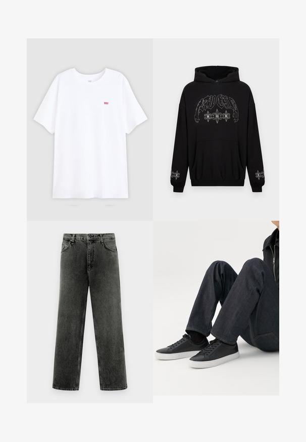 Schwarzer Hoodie mit Vordertasche, versehen mit metallisch-silbernem Grafikdruck und dekorativen Fleur-de-Lis-Akzenten an den Ärmeln. Weicher Stoff.; Weißes Baumwoll-T-Shirt mit kurzen Ärmeln und Rundhalsausschnitt. Verfügt über ein kleines rotes Levi's-Logo auf der linken Brust. Flaches Design, keine Muster.; Schwarz gewaschene gerade geschnittene Denim-Jeans mit vorderen Taschen, Gürtelschlaufen und Knopfverschluss auf weißem Hintergrund.; Person sitzt mit angewinkelten Beinen, trägt dunkelblaue Jeans und schwarze Low-Top-Sneaker mit weißen Sohlen auf weißem Hintergrund.