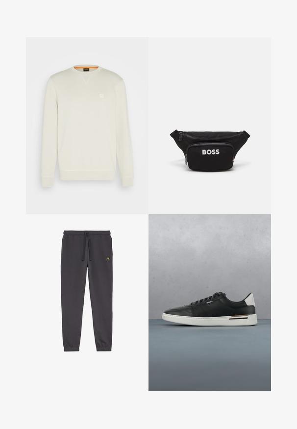 Lyscreme sweatshirt med rund hals, lange ærmer og et lille firkantet logo på brystet. Blød tekstur og kontrasterende orange indvendig.; Mørkegrå sweatpants lavet af blød stof, med en elastisk talje med snøre, afsluttede ankler og et lille gult logo på venstre lår.; Sort lædersneaker med hvid sål, har perforeringer, snørebåndsdesign, logo på siden og kontrasterende hældetalje i hvid og brun.; Sort stofet bæltetaske med en lynlåslomme foran, stort hovedrum og hvid "BOSS" logo på forsiden. Glat tekstur, struktureret form.
