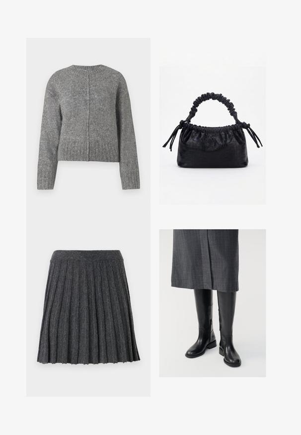 Hallhulkiga hall kudumissviiter pikkade varrukatega ja ümmarguse kaelusega. Omab lühendatud disaini ja vertikaalset soonikut kogu ulatuses. Nähtavaid metallosi ei ole.; Vero Moda Knitted VMMARINA Short - Miniseelik - dark grey; Põlve kõrguseni ulatuvad mustad nahast saapad, millel on sujuv tekstuur, külg zipperid ja tasane tald. Saapad on varustatud struktureeritud varre ja minimaalsete metalldetailidega.; Must käekott krokodillinaha tekstuuriga, voltis ülaservaga, kogutud sangaga ja kummipaeladega tutsidega igal küljel valgel taustal.