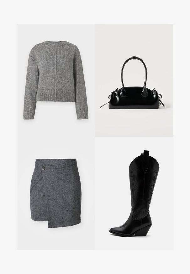 Suéter gris de punto con mangas largas y cuello redondo. Presenta un diseño corto y canalé vertical en toda la prenda. Sin hardware visible.; Falda envolvente en espiga gris hecha de tejido de lana texturizado, con un cierre de un solo botón en la cintura y un dobladillo asimétrico.; Bota de vaquero de cuero negro con punta puntiaguda, tacón bloqueado inclinado, costuras decorativas y lengüetas en la parte superior sobre fondo blanco.; Pequeño bolso negro brillante con dos asas largas y detalles de cordón lateral sobre un fondo claro liso.