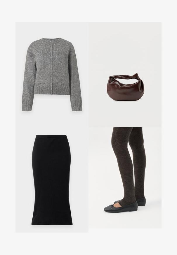 Grå strikket sweater med lange ærmer og rund halsudskæring. Har et cropped design og lodret ribbet struktur. Ingen synlig hardware.; Sorte højtaljede blyantskirt lavet af glat stof, med en tætsiddende silhuet og en ren, strømlinet kant uden dekorationer.; Ben iført mørke ribbede leggings kombineret med sorte balletsko med små sløjfedetaljer på hvid baggrund.; Mørkebrun læder skuldertaske med en blød, afslappet form og et snoet knudehåndtag på en ensartet hvid baggrund.