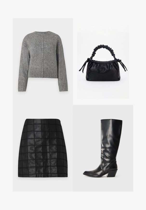 Suéter gris de punto con mangas largas y cuello redondo. Presenta un diseño corto y canalé vertical en toda la prenda. Sin hardware visible.; Minifalda de cuero negro con un patrón de cuadrícula texturizado, presenta costuras elevadas y una silueta ajustada. El acabado liso realza el diseño.; Bota de cuero negra hasta la rodilla con punta afilada, tacón angular y textura suave. Presenta un sutil acento de costura a lo largo del costado.; Bolso negro con textura de cocodrilo, borde superior fruncido, asa recogida y cordones con borlas en cada lado sobre un fondo blanco.