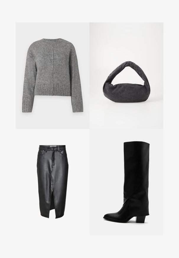 Grå strikket sweater med lange ærmer og rund halsudskæring. Har et cropped design og lodret ribbet struktur. Ingen synlig hardware.; Sorte lædernederdel med en mellemlang design, der har en frontslids, klassiske bæltesløjfer og syede detaljer langs sømmene.; Høj sort læderstøvle med skråt syning, spids tå og kraftig mellemhøj hæl på hvid baggrund.; Mørkegrå stofpose med et buet håndtag, blød tekstur og rund form. Ingen synligt hardware eller pynt.